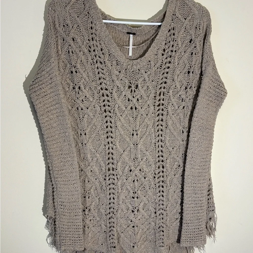 Free People Tan Crew Neck Sweater with Intricate Knit Pattern